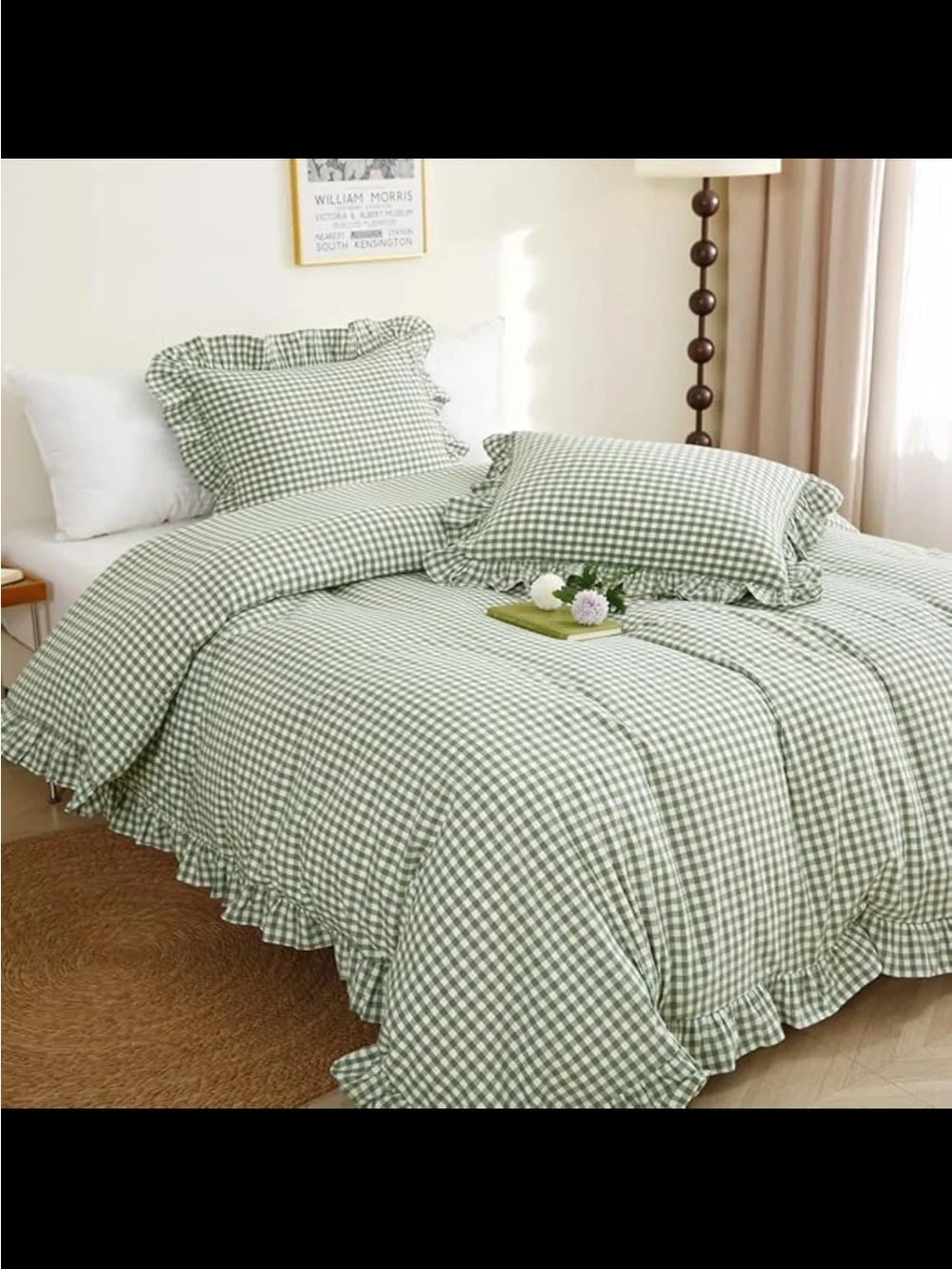 NWOT Silnuo Sage Green/White 100% Cotton Gingham Plaid Ruffle Duvet Cover. Queen
